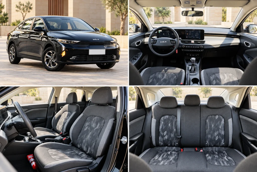 Kia K3 enhanced model illustrations showing the exterior, dashboard, front cloth seats and rear cabin; supplied vehicle and trim may differ